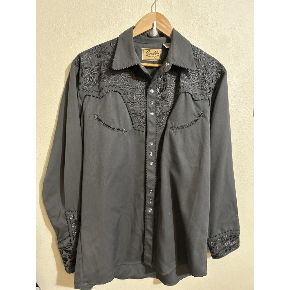 Scully Tooled Embroidered Floral Pearl Snap Rodeo Western Shirt Men's M Gray